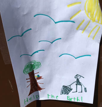 A child's drawing of the sky, the sun, a tree (with a bird's nest!), and a child collecting detritus in the forest.